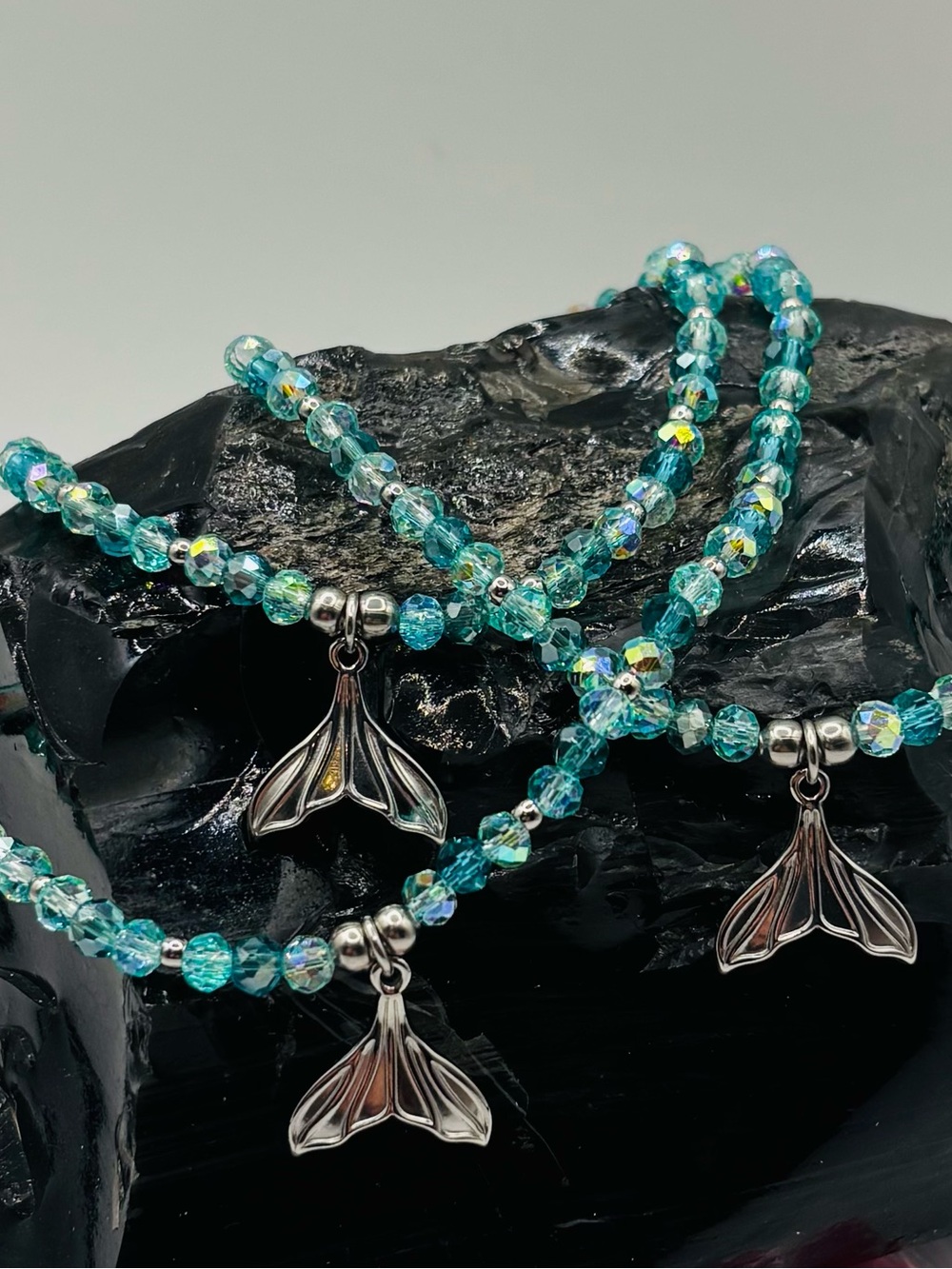 *ANKLET* S. Steel Silver Mermaid Tail & AB Ocean Green Crystal Stretchy Anklet
